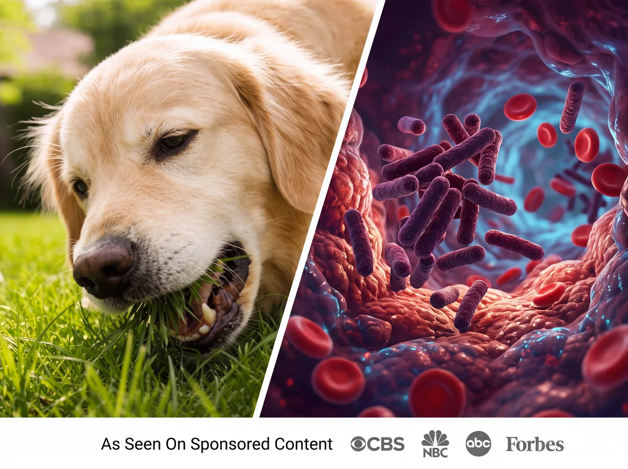 A golden retriever eating grass next to an illustration of a dog's gut