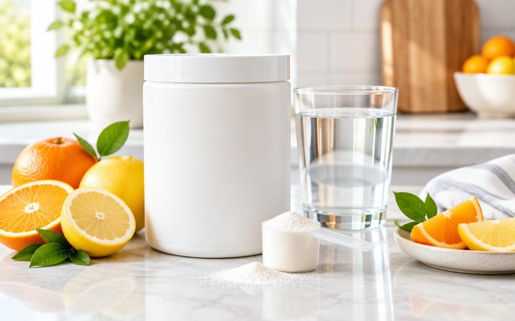 Collagen supplement powder with fresh citrus and a glass of water