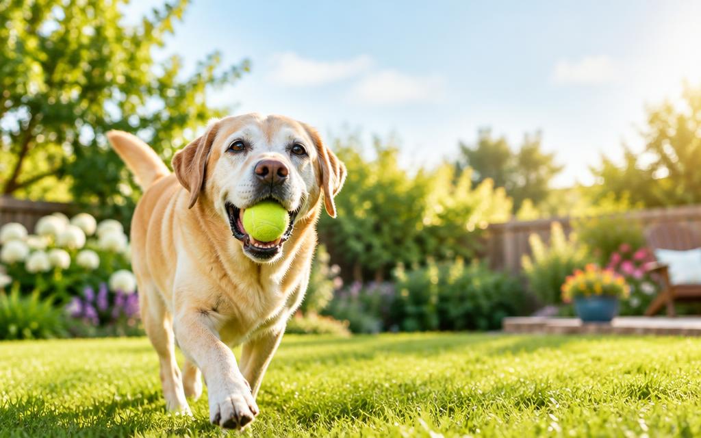 Senior labrador playing fetch