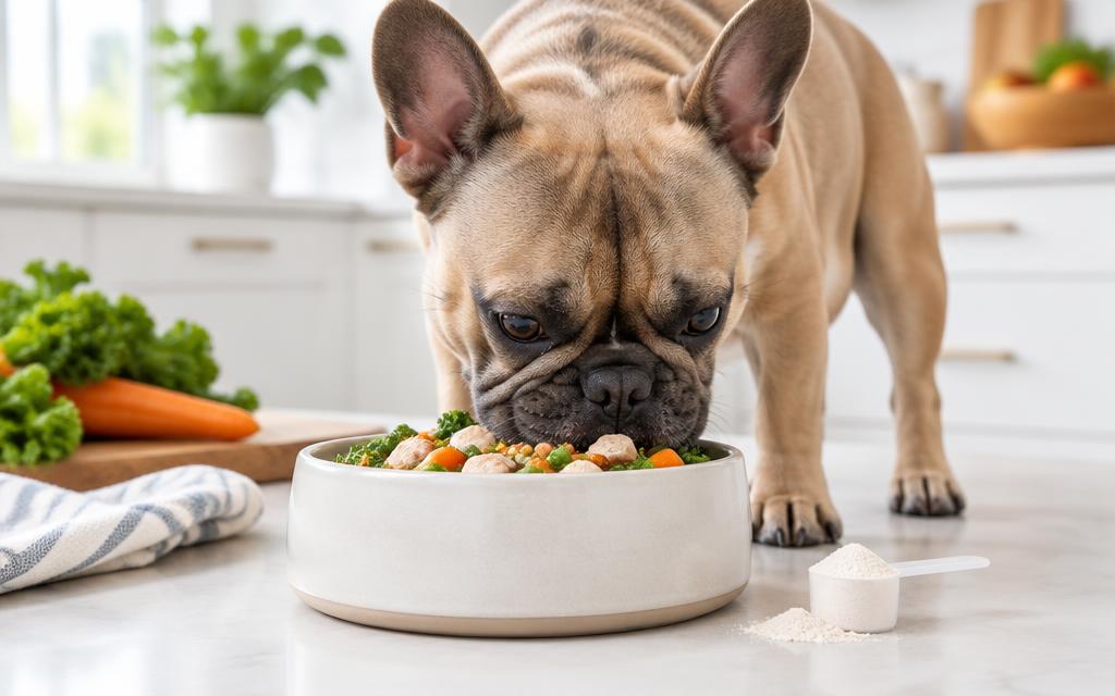 French bulldog eating fresh food with probiotic powder