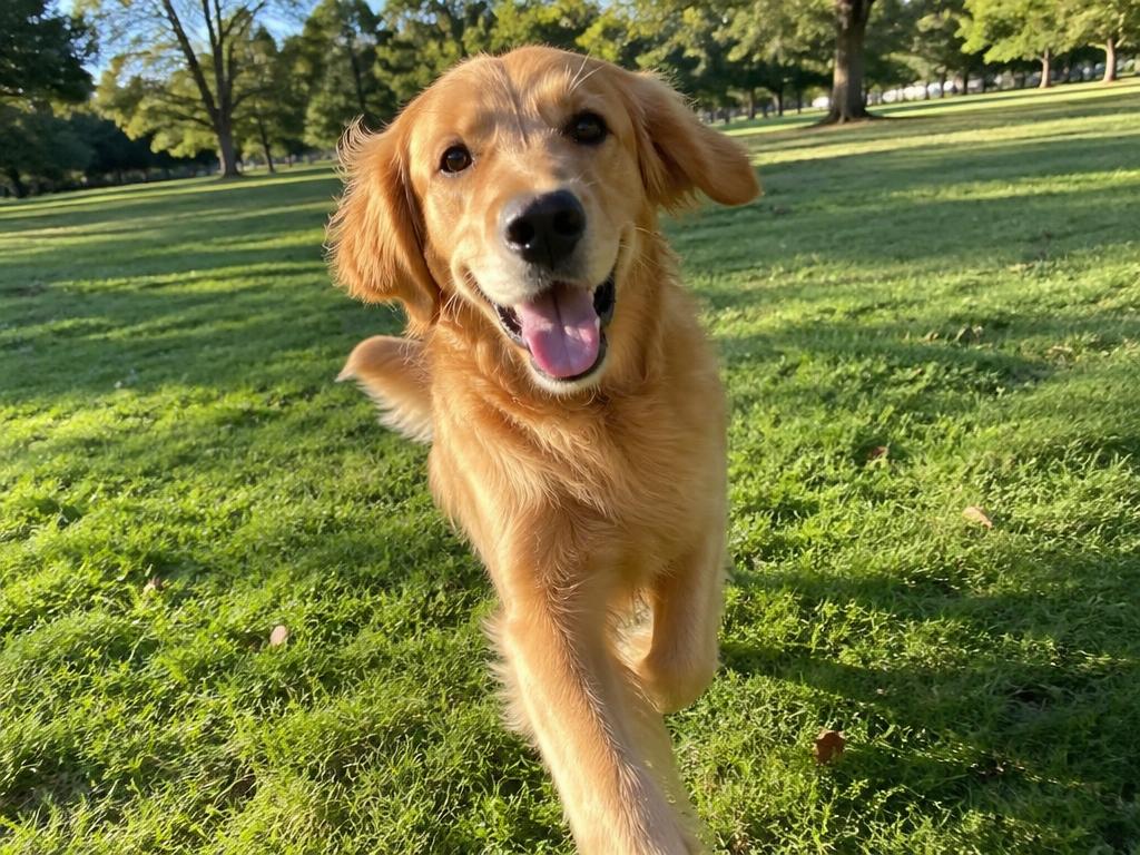 A healthy golden retriever running through a sunny park